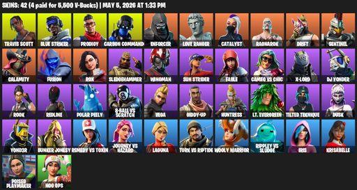 [PC] | 42 skins | 750 V-bucks | Travis Scott | Blue Striker | Prodigy | Carbon Commando | Enforcer | Love Ranger | Catalyst | Ragnarok | Drift | Full Access