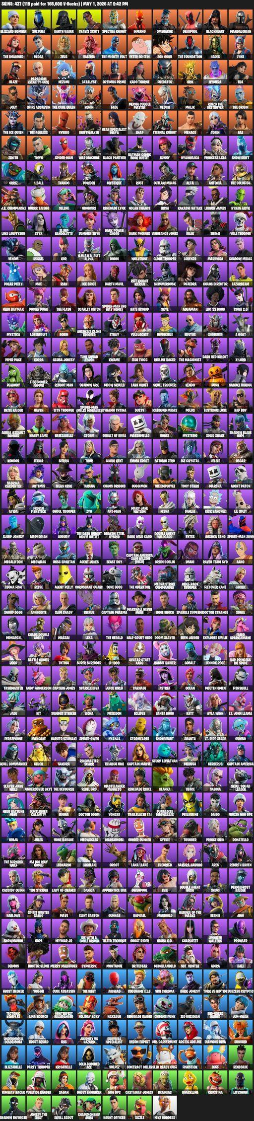 [PC/PSN/XBOX] | 437 skins | Renegade Raider | Travis Scott | Lara Croft | Blizzard Bomber | Sultura | Darth Vader | Spectra Knight | Inferno | Full Access