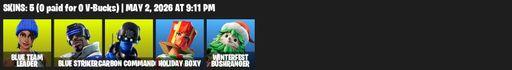 [PC/XBOX] | 5 skins | Blue Team Leader | Blue Striker | Carbon Commando | Holiday Boxy | Winterfest Bushranger | Secret Scimitars | Default Pickaxe | Full Access