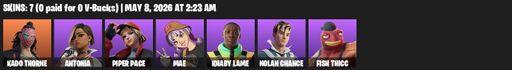 [PC/PSN/XBOX] | 7 skins | Kado Thorne | Antonia | Piper Pace | Mae | Khaby Lame | Nolan Chance | Fish Thicc | Silent Slicer | Dumbbell Driver | Full Access