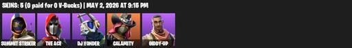 [PC/PSN/XBOX] | 5 skins | Summit Striker | The Ace | DJ Yonder | Calamity | Giddy-up | Default Pickaxe | Golden Pigskin | Reckoning | Smash Up | Full Access