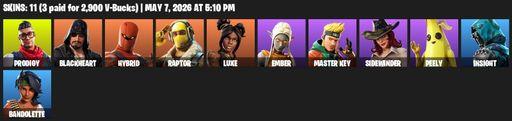 [PC/PSN/XBOX] | 11 skins | Prodigy | Blackheart | Hybrid | Raptor | Luxe | Ember | Master Key | Sidewinder | Peely | Insight | Bandolette | Controller | Full Access