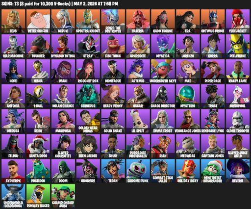 [PC/PSN/XBOX] | 73 skins | Zeus | Peter Griffin | Mizuki | Spectra Knight | Renzo the Destroyer | Valeria | Kado Thorne | Era | Optimus Prime | Full Access