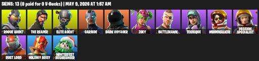 [PC/PSN/XBOX] | 13 skins | Take The L | The Reaper | Elite Agent | Rogue Agent | Carbide | Dark Voyager | Zoey | Battlehawk | Teknique | Moonwalker | Full Access