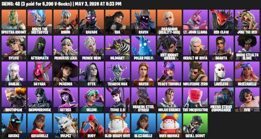 [PC/PSN/XBOX] | 48 skins | 3400 V-bucks | Spectra Knight | Renzo the Destroyer | Ronin | Ravage | Era | Raven | Paradigm (Reality-659) | Full Access