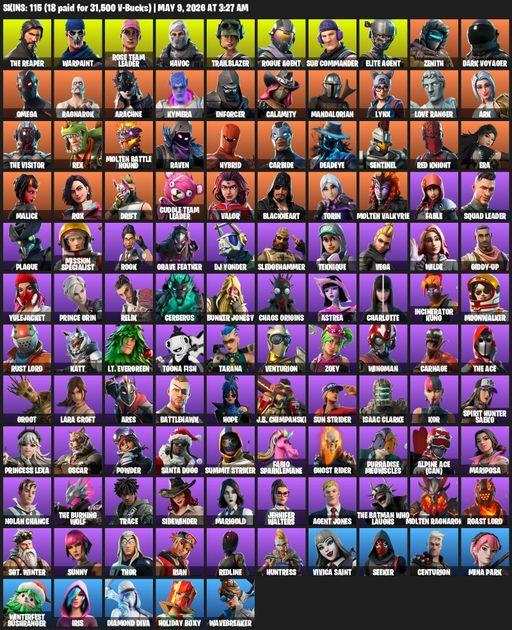 [PC] | 115 skins | Take The L | OG STW | The Reaper | Elite Agent | Omega | Lara Croft | Warpaint | Rose Team Leader | Havoc | Trailblazer | Full Access