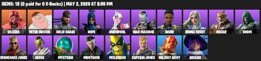 [PC/PSN/XBOX] | 18 skins | 800 V-bucks | Valeria | Peter Griffin | Solid Snake | Hope | Gwenpool | War Machine | Shuri | Emma Frost | Oscar | Doom | Full Access