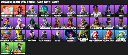 [PC/PSN/XBOX] | 32 skins | 1450 V-bucks | Peter Griffin | Valeria | Emma Frost | Mysterio | Meowdas | Nisha | Captain Jones | Slayer Juice WRLD | Hope | Full Access
