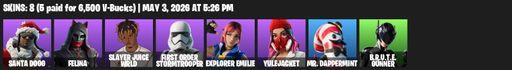 [PC/PSN/XBOX] | 8 skins | Santa Dogg | Felina | Slayer Juice WRLD | First Order Stormtrooper | Explorer Emilie | Yulejacket | Mr. Dappermint | Full Access