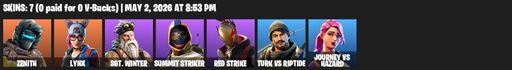 [PC/XBOX] | 7 skins | Zenith | Lynx | Sgt. Winter | Summit Striker | Red Strike | Turk vs Riptide | Journey vs Hazard | Scorcher | Scratchmark | Full Access