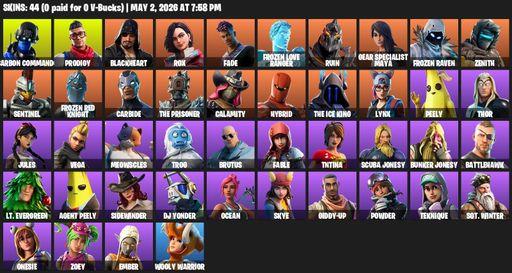 [PC/PSN/XBOX] | 44 skins | 650 V-bucks | Carbon Commando | Prodigy | Blackheart | Rox | Fade | Frozen Love Ranger | Ruin | Gear Specialist Maya | Full Access