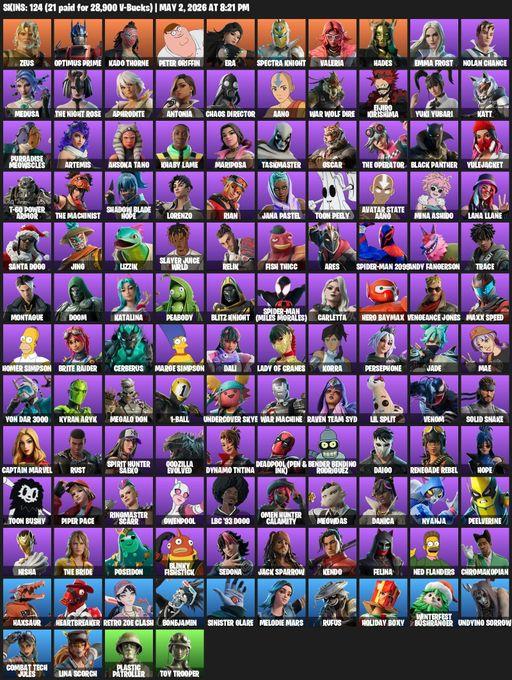 [PC/XBOX] | 124 skins | Zeus | Optimus Prime | Kado Thorne | Peter Griffin | Era | Spectra Knight | Valeria | Hades | Emma Frost | Nolan Chance | Full Access