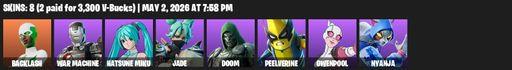 [PC/PSN] | 8 skins | Backlash | War Machine | Hatsune Miku | Jade | Doom | Peelverine | Gwenpool | Nyanja | Golden Scythe | Sonic Splash | Grzzly Keys | Full Access