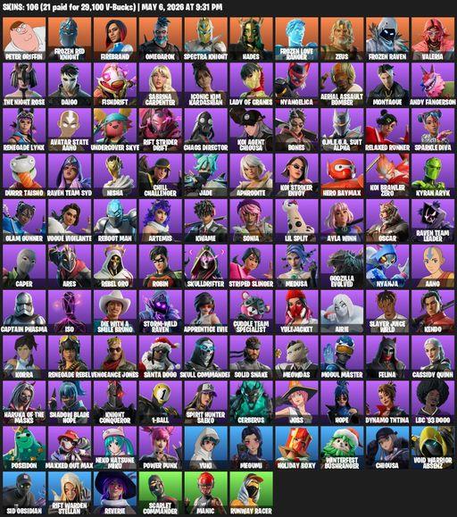[PC/PSN/XBOX] | 106 skins | 1750 V-bucks | Peter Griffin | Frozen Red Knight | Firebrand | Omegarok | Spectra Knight | Hades | Frozen Love Ranger | Full Access