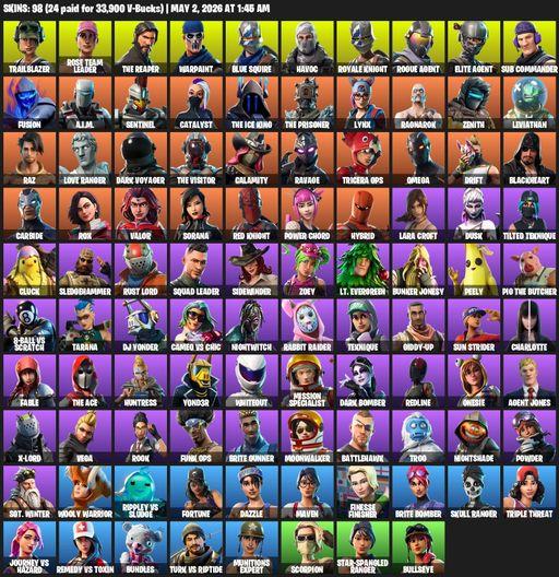 [PC/PSN/XBOX] | 98 skins | 800 V-bucks | Take The L | OG STW | Royale Knight | The Reaper | Elite Agent | Blue Squire | Omega | Lara Croft | Full Access