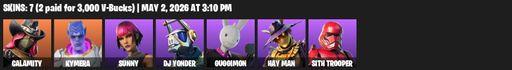 [PC/PSN/XBOX] | 7 skins | Calamity | Kymera | Sunny | DJ Yonder | Guggimon | Hay Man | Sith Trooper | Reckoning | The Fret Basher | Riot Control Baton | Full Access