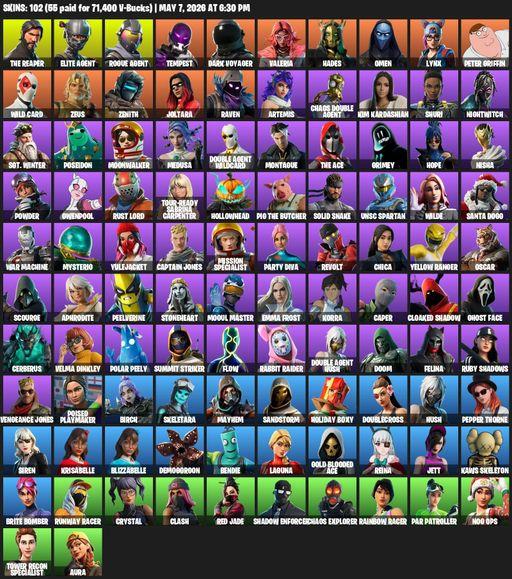 [PC/PSN] | 102 skins | Take The L | The Reaper | Elite Agent | Rogue Agent | Tempest | Dark Voyager | Valeria | Hades | Omen | Lynx | Peter Griffin | Full Access