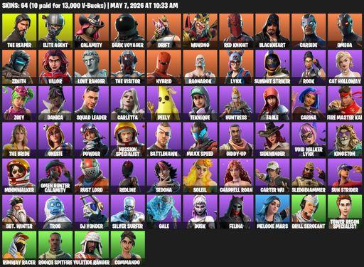 [PC/PSN] | 64 skins | Take The L | The Reaper | Elite Agent | Omega | Calamity | Dark Voyager | Drift | Wukong | Red Knight | Blackheart | Carbide | Full Access