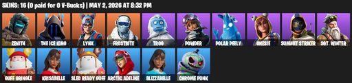 [PC/PSN/XBOX] | 16 skins | Zenith | The Ice King | Lynx | Frostbite | Trog | Powder | Polar Peely | Onesie | Summit Striker | Sgt. Winter | Full Access