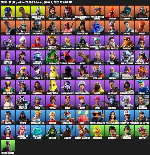 [PC/PSN/XBOX] | 91 skins | Take The L | Travis Scott | Astro Jack | Rogue Spider Knight | Sorana | Molten Valkyrie | Gear Specialist Maya | Full Access