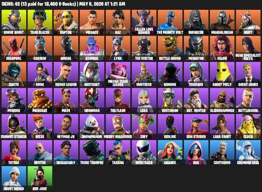 [PC/PSN/XBOX] | 62 skins | Omega | Lara Croft | Rogue Agent | Trailblazer | Raptor | Menace | Raz | Fallen Love Ranger | The Mighty Volt | Enforcer | Full Access