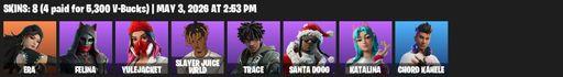 [PC/PSN/XBOX] | 8 skins | Era | Felina | Yulejacket | Slayer Juice WRLD | Trace | Santa Dogg | Katalina | Chord Kahele | Nomad's Spear | Full Access