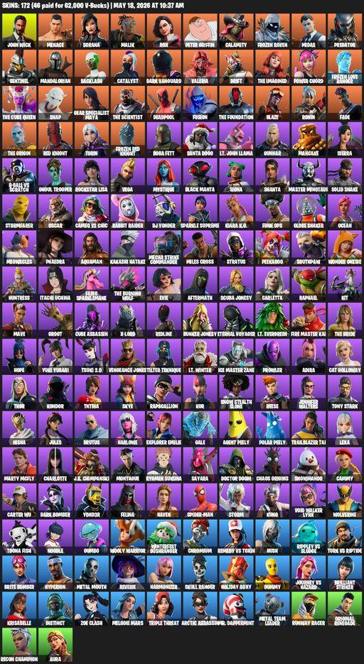 [PC/XBOX] | 172 skins | Reaper Axe | John Wick | Menace | Sorana | Malik | Rox | Peter Griffin | Calamity | Frozen Raven | Midas | Predator | Sentinel | Full Access