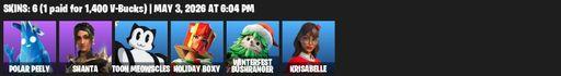 [PC/PSN/XBOX] | 6 skins | Polar Peely | Shanta | Toon Meowscles | Holiday Boxy | Winterfest Bushranger | Krisabelle | Bronzed Scimitars | Full Access
