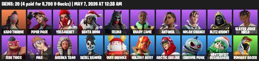 [PC/PSN/XBOX] | 20 skins | 850 V-bucks | Kado Thorne | Piper Pace | Yulejacket | Santa Dogg | Felina | Khaby Lame | Antonia | Nolan Chance | Full Access