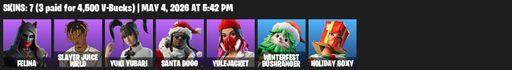 [PC/XBOX] | 7 skins | Felina | Slayer Juice WRLD | Yuki Yubari | Santa Dogg | Yulejacket | Winterfest Bushranger | Holiday Boxy | Humbug Slicer | Full Access