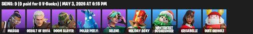 [PC/PSN/XBOX] | 9 skins | 750 V-bucks | Massai | Geralt of Rivia | Doom Slayer | Polar Peely | Selene | Holiday Boxy | Winterfest Bushranger | Full Access