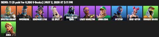 [PC/PSN/XBOX] | 11 skins | 850 V-bucks | Spectra Knight | Omegarok | Renegade Lynx | Lil Split | Exalted Ice King | Lewis Hamilton | John Cena | Full Access