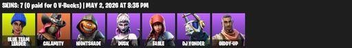 [PC/XBOX] | 7 skins | Blue Team Leader | Calamity | Nightshade | Dusk | Fable | DJ Yonder | Giddy-up | Reckoning | Guiding Glow | Backup Blades | Full Access