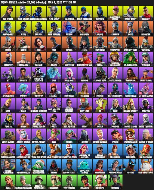 [PC] | 118 skins | Take The L | OG STW | The Reaper | Elite Agent | Blue Squire | Omega | Carbon Commando | Warpaint | Point Patroller | Sultura | Full Access