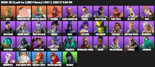 [PC/XBOX] | 35 skins | Zeus | Peter Griffin | Spectra Knight | Valeria | Lewis Hamilton | Nisha | Solid Snake | Fish Thicc | Lil Split | Mae | Full Access