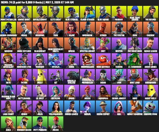 [PC/PSN/XBOX] | 74 skins | Take The L | Royale Knight | The Reaper | Elite Agent | Blue Squire | Omega | Lara Croft | Point Patroller | Rogue Agent | Full Access