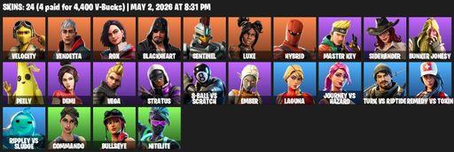 [PC/XBOX] | 24 skins | Velocity | Vendetta | Rox | Blackheart | Sentinel | Luxe | Hybrid | Master Key | Sidewinder | Bunker Jonesy | Peely | Demi | Full Access