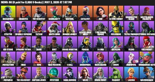 [PC/XBOX] | 50 skins | 650 V-bucks | Reaper Axe | Breakpoint | Vendetta | The Scientist | Singularity | Sentinel | Catalyst | Rox | Ultima Knight | Full Access