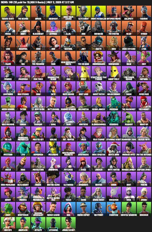 [PC/PSN/XBOX] | 145 skins | Take The L | OG STW | Travis Scott | The Reaper | Elite Agent | Omega | Warpaint | Rose Team Leader | Point Patroller | Full Access