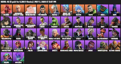 [PC/PSN/XBOX] | 42 skins | Valeria | Paradigm (Reality-659) | Peter Griffin | The Ageless | Mizuki | Renzo the Destroyer | Nezumi | Twyn | Grriz | Full Access