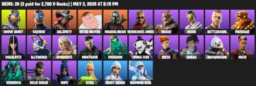 [PC/PSN] | 26 skins | 650 V-bucks | Rogue Agent | Carbide | Calamity | Peter Griffin | Mandalorian | Vengeance Jones | Oscar | Nisha | Battlehawk | Full Access