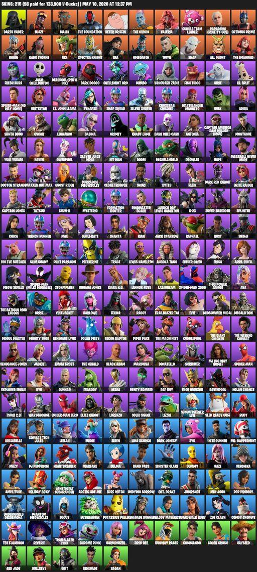 [PC] | 215 skins | Reaper Axe | Darth Vader | Blaze | Malik | The Foundation | Peter Griffin | The Origin | Valeria | Cuddle Team Leader | Full Access