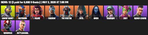 [PC/PSN/XBOX] | 12 skins | 550 V-bucks | Rogue Agent | Criterion | Valor | Carbide | The Visitor | Fate | Omen | Teknique | Zoey | Squad Leader | Full Access
