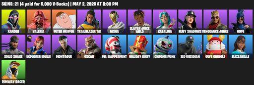 [PC/PSN/XBOX] | 21 skins | 1050 V-bucks | Xander | Valeria | Peter Griffin | Trailblazer Tai | Nisha | Slayer Juice WRLD | Katalina | Ruby Shadows | Full Access