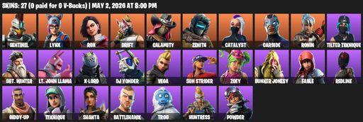[PC/XBOX] | 27 skins | Sentinel | Lynx | Rox | Drift | Calamity | Zenith | Catalyst | Carbide | Ronin | Tilted Teknique | Sgt. Winter | Lt. John Llama | Full Access