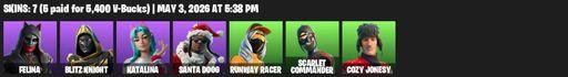 [PC/PSN/XBOX] | 7 skins | 500 V-bucks | Felina | Blitz Knight | Katalina | Santa Dogg | Runway Racer | Scarlet Commander | Cozy Jonesy | Full Access