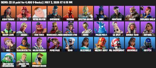 [PC/PSN/XBOX] | 33 skins | 650 V-bucks | Kado Thorne | Valeria | Peter Griffin | Omegarok | Inferno | Spectra Knight | Hope | Montague | Oscar | Full Access