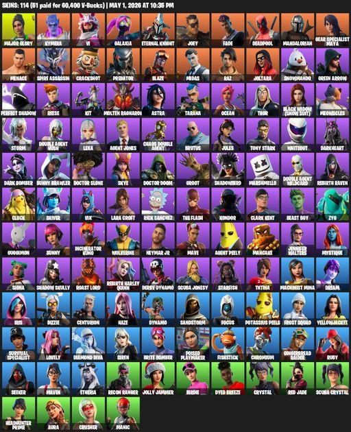 [PC/PSN/XBOX] | 114 skins | Lara Croft | Major Glory | Kymera | Vi | Galaxia | Eternal Knight | Joey | Fade | Deadpool | Mandalorian | Full Access