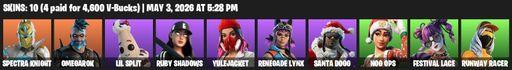 [PC/PSN/XBOX] | 10 skins | 550 V-bucks | Spectra Knight | Omegarok | Lil Split | Ruby Shadows | Yulejacket | Renegade Lynx | Santa Dogg | Nog Ops | Full Access