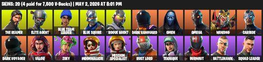 [PC/XBOX] | 20 skins | Take The L | The Reaper | Elite Agent | Blue Squire | Omega | Blue Team Leader | Rogue Agent | Dark Vanguard | Omen | Wukong | Full Access